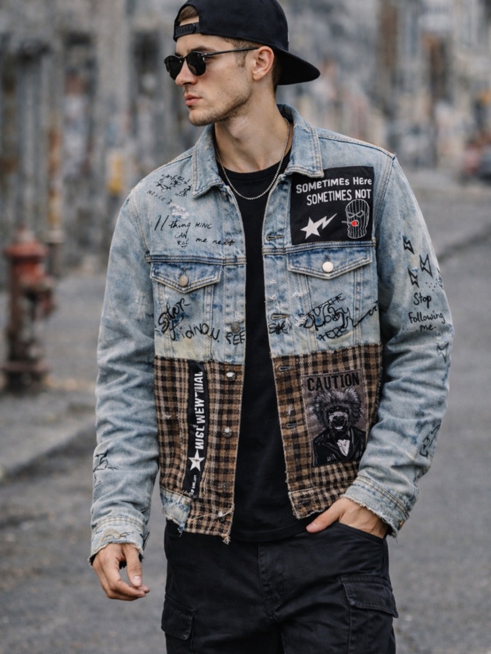 Rare KLEEP NYC Streetwear Denim Jacket Mixed Media Sz S